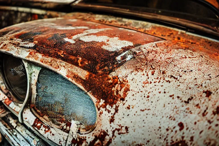 Prompt: A closeup of a rusty old mustang in an abandoned big workshop, sun lighting from above, taken with a Leica camera, overgrown foliage, ambient lighting, bokeh, sunset time, highly detailed art