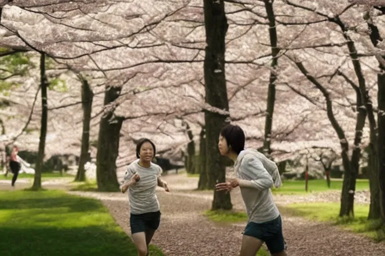 Image similar to vfx movie scene closeup japanese couple running through cherry blossom forest, natural lighting by emmanuel lubezki