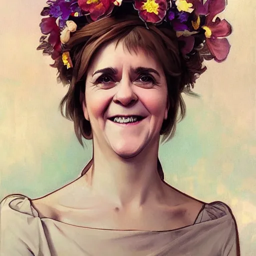 Prompt: nicola sturgeon, happy, with a flower crown. beautiful painting by artgerm and greg rutkowski and alphonse mucha