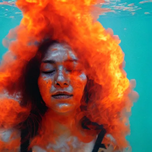 Image similar to woman covered in fire flames, underwater, 35mm film