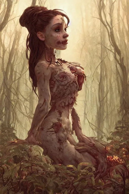 Image similar to scared cottagecore zombie Ariana Grande , rotten flesh & corpses, creepy forest, intricate, elegant, highly detailed, digital painting, artstation, concept art, smooth, sharp, focus, illustration, art by artgerm and greg rutkowski and alphonse mucha