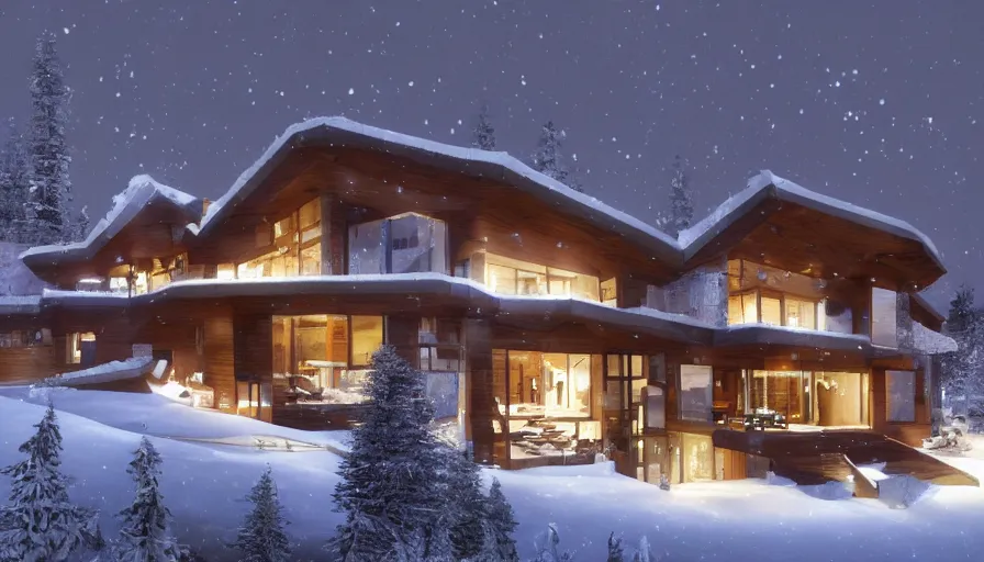 Image similar to Modern chalet built in the snowy mountains with white neons at night, hyperdetailed, artstation, cgsociety, 8k