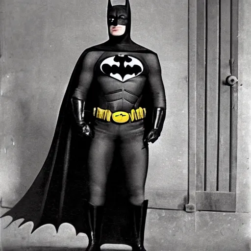 Prompt: A vintage photograph of Batman in the 19th century W- 768