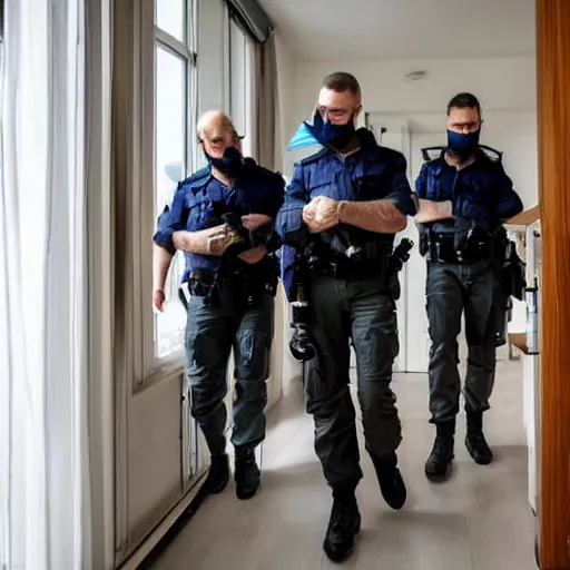 Prompt: a photo of several members of the french scientific police walking in an apartment in the morning