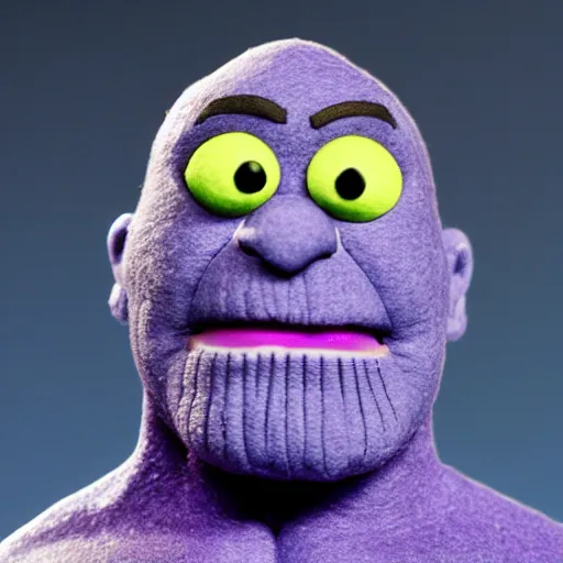 Prompt: thanos as a muppet. purple skin. highly detailed felt. hyper real photo. 4 k.