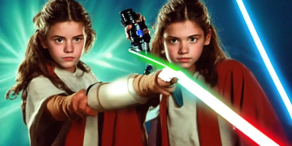 Image similar to a full color still of a teen brunette Jedi padawan holding a lightsaber hilt with laser bolts flashing by, cinematic lighting, 1999, directed by Steven Spielberg, 35mm