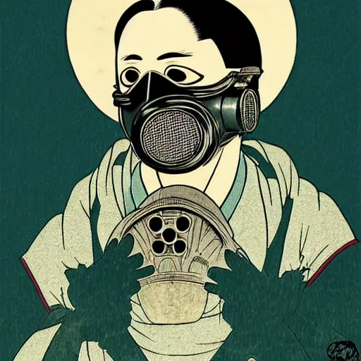 Prompt: Gas mask in Ukiyo-e style, haunting + insanely detailed and intricate, movie poster style