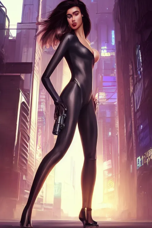 Prompt: full portrait of a beautiful female spy with thin lustrous vibrant electric Cyberpunk hair wearing a bodysuit walking in a city, reflections, focus, detailed, realistic eyes, symmetric body features arms hands legs proportions, intricate facial skin details, award winning, trending in cgsociety artstation deviant art, octane render, by boris Vallejo and Tom Bagshaw and Beeple