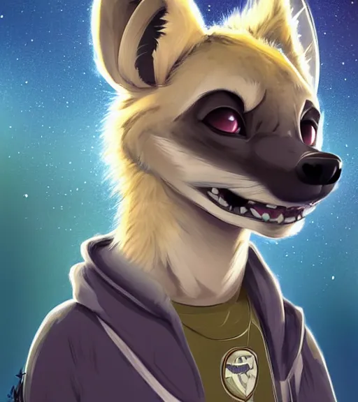 Image similar to digital detailed art of furry female hyena, in style of zootopia, fursona, furry, furaffinity, deviantart, wearing astronaut outfit, floating in space, space background, hyena fursona, cyberpunk, detailed face, style of artgerm,