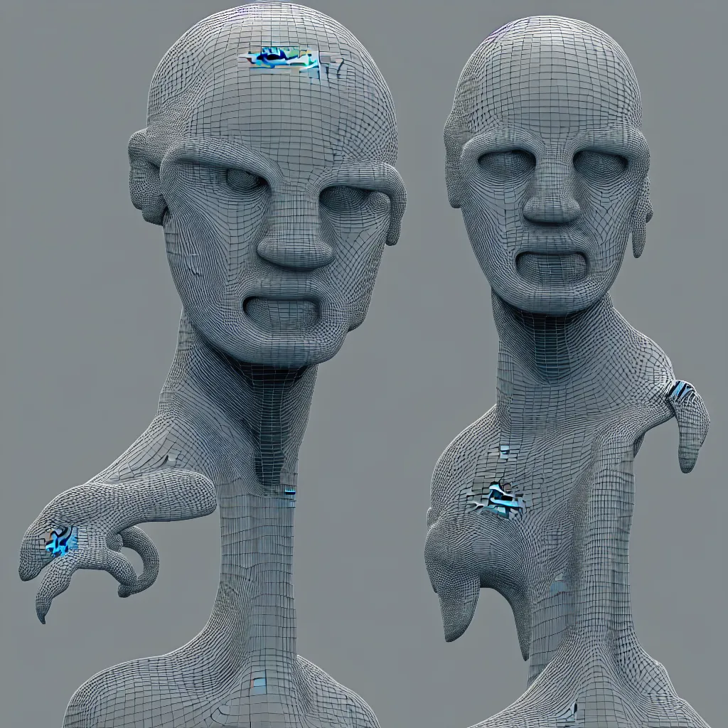 Image similar to 3 d render of a wireframe of a melted human head, sculpture, chrometype, liquid metal, neotribal, raytraced, volumetric lightning, 8 k, by zhelong xu, tooth wu, wlop, ouchh and and innate studio