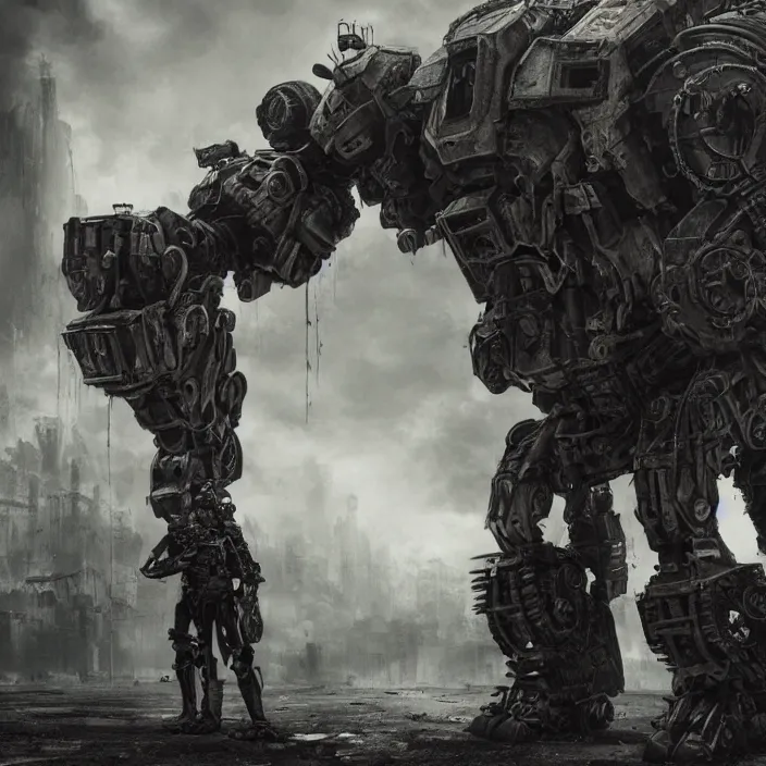 Image similar to gritty apocalyptic scene of human standing next to mech - warrior, hyper - detailed, sharp focus, 4 k ultra hd, fantasy dark art, apocalyptic art