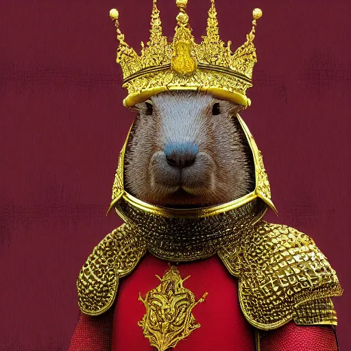 Prompt: highly detailed photorealistic painting of a capybara :: wearing a ultra detailed ornamented gold crown with diamonds, in a highly detailed medieval knight armor with red cape, standing in front of a photorealistic detailed castle, sharp focus in the style of ruan jia, Mandy jurgens, cinematic light, concept art, trending on artstation, ultra realistic, 8k octane render, unreal engine