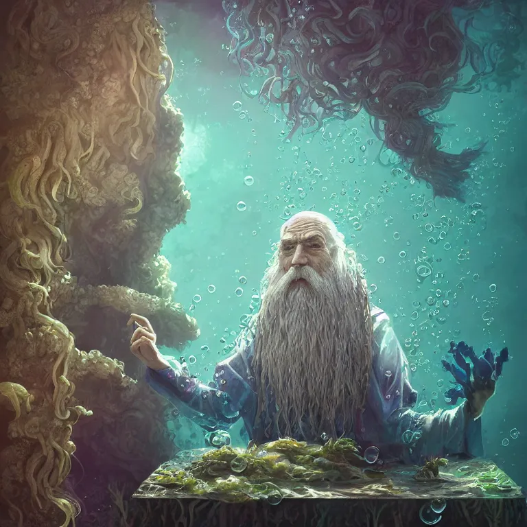 Prompt: an old wizard with seaweed for hairs and beard, wearing fluent multicolored robes in an underwater alchemical laboratory. digital illustration. fantasy. detailed. waterbubbles. by artgerm, wlop, james jean, andrei riabovitchev, marc simonetti, yoshitaka amano