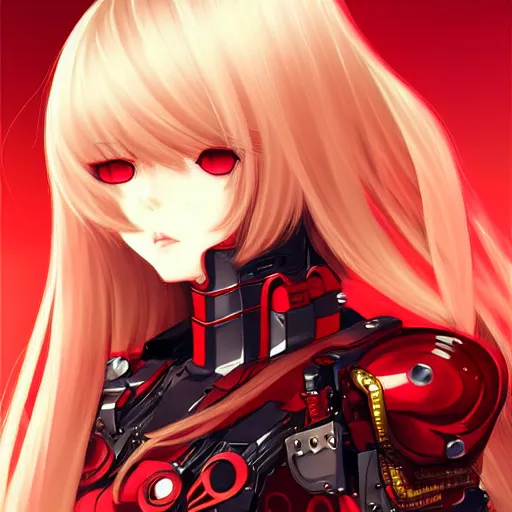 Image similar to cute red armored cyborg - anime girl by ross draws, long gold hair, yellow eyes, extreme high intricate details by wlop, digital anime art, black shadows, stylized shading