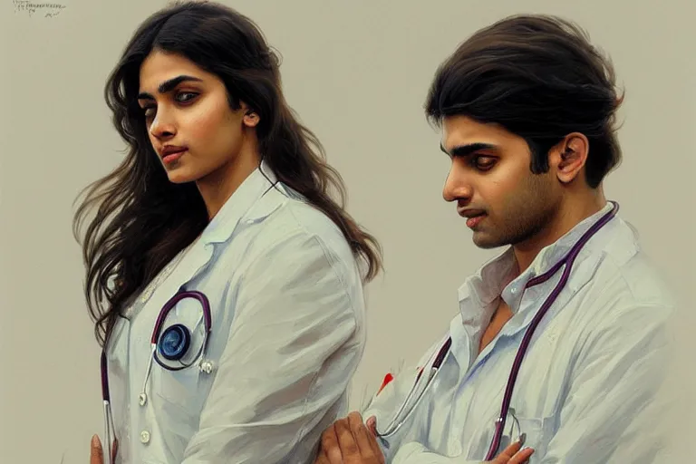 Image similar to Anxious good looking pale young Indian doctors wearing American clothes at the airport, portrait, elegant, intricate, digital painting, artstation, concept art, smooth, sharp focus, illustration, art by artgerm and greg rutkowski and alphonse mucha