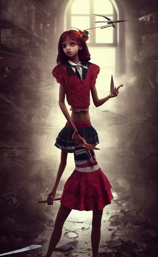 Prompt: magical and mystical school girl holding a knife on a abandoned factory, octane render, rembrandt, cgsociety, artstation trending, highly detailded