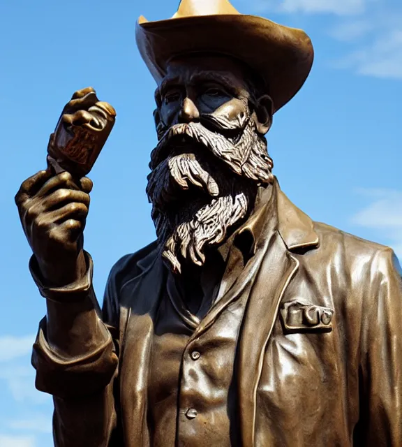 Prompt: a 4 k photorealistic photo medium shot of a bronze statue of a man with a beard wearing a cowboy hate.