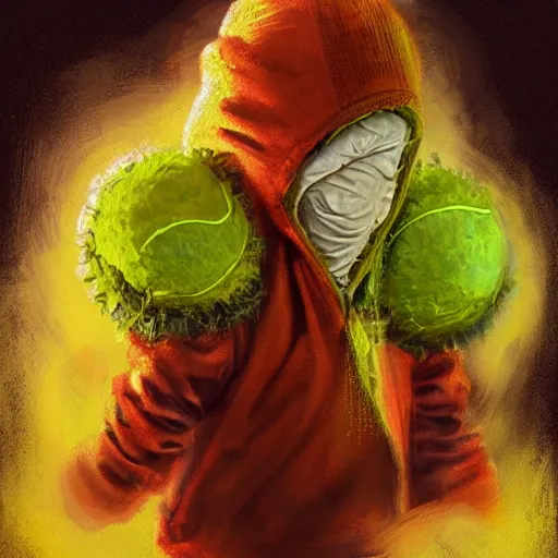 Image similar to a tennis ball monster , orange hoodie, cherub wings, balaclava, digital art, fantasy, magic, trending on artstation, ultra detailed, professional illustration by Basil Gogos