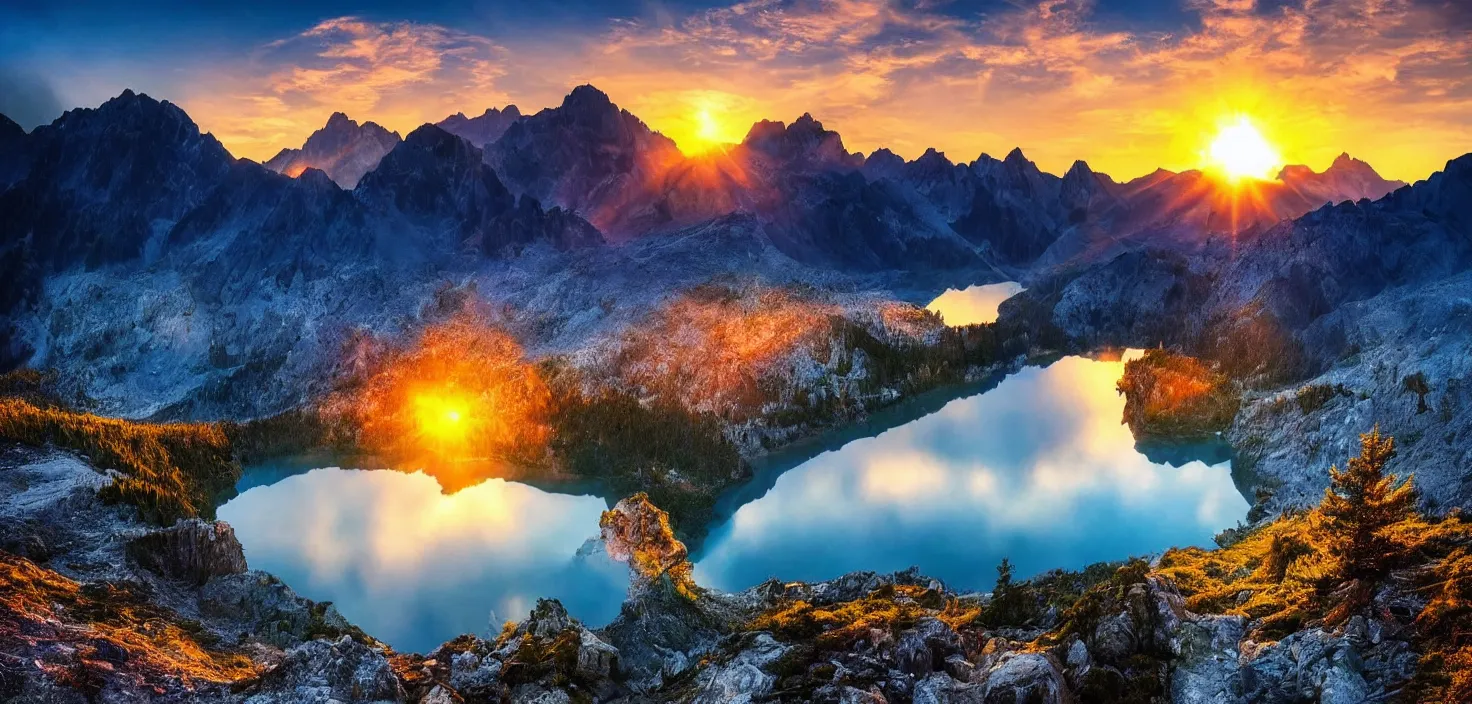 Image similar to amazing landscape photo of mountains with lake in sunset, beautiful dramatic lighting