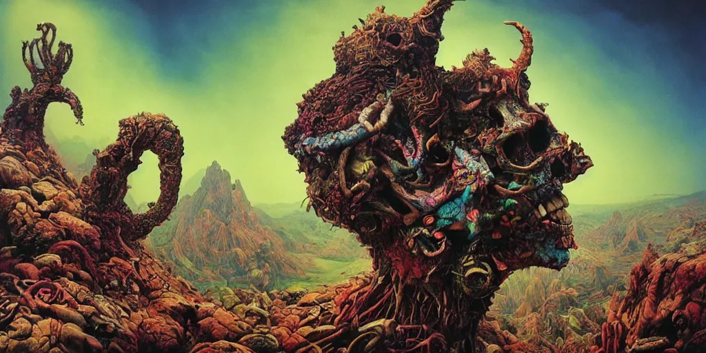 Image similar to ultrawide angle colour masterpiece surreal closeup portrait photography of mountain creature skull hybrid by annie leibovitz and michael cheval, incredible sense of depth and perspective and clarity, weird surreal epic psychedelic complex biomorphic 3 d fractal landscape in background by kilian eng and roger dean and giger and salvador dali and beksinski, 8 k