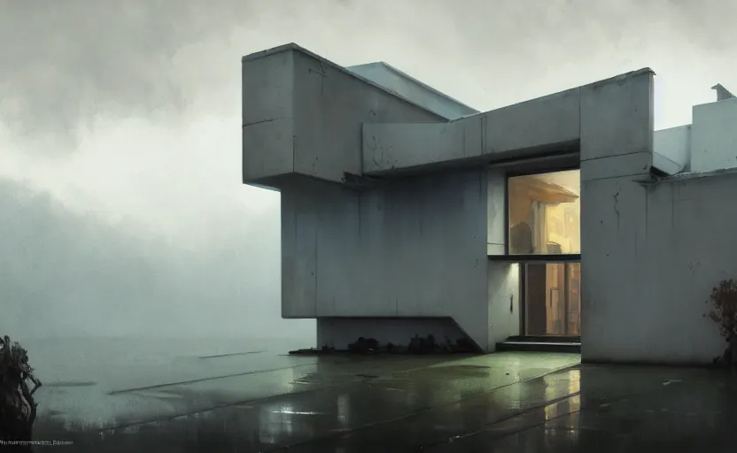 Prompt: painting of a wide angle exterior shot of a white concerete brutalist architecture house with rainy and moody cinematic lighting by darek zabrocki and greg ruthkowski, alphonse mucha, simon stalenhag and cinematic and blue cold atmospheric, archillect concept art, artstation, trending on artstation