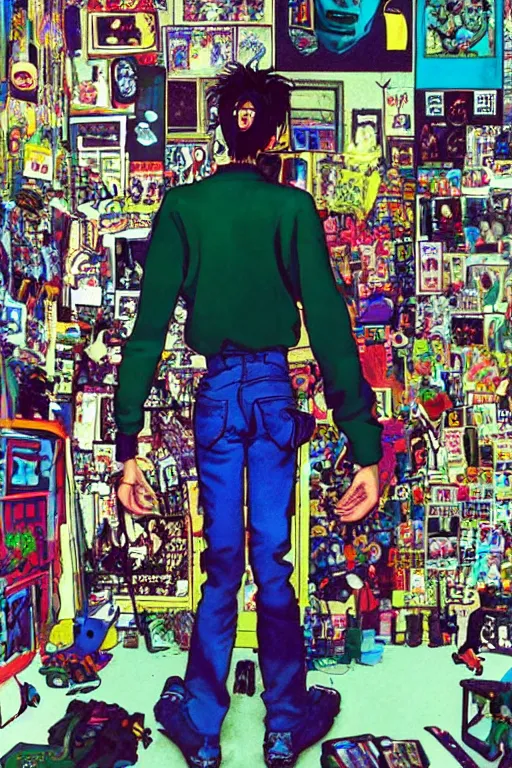 Image similar to a skinny goth guy standing in a cluttered 9 0 s bedroom by jamie hewlett, back view, jamie hewlett art, full body character concept art, vaporwave colors,