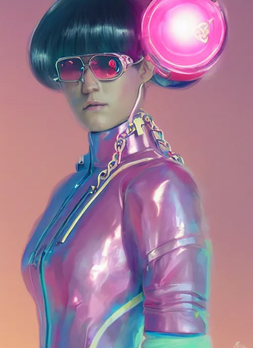 Prompt: a beautiful woman wearing a futuristic space suit, gucci sunglasses, pastel pink, crystals, chains, bright colors, highly detailed, concept art, matte, trending on artstation, anime, art by wlop and artgerm and greg rutkowski, ilya kuvshinov, strong strokes,