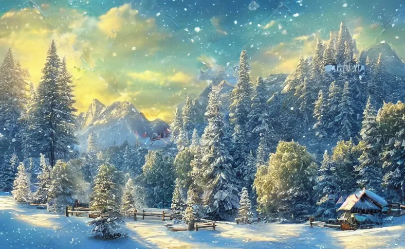 Image similar to snowy northern frontier town, tall pine forest and moutains, fantasy art