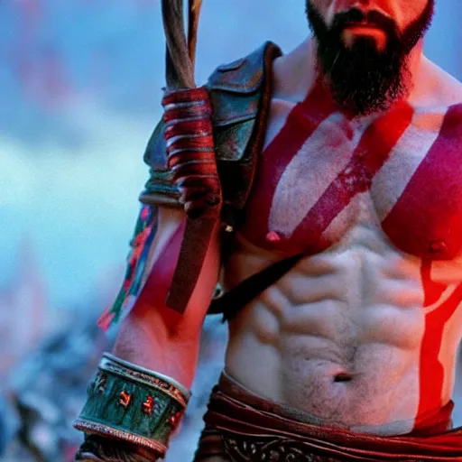 Image similar to photo of kratos god of war, cinestill, 800t, 35mm, full-HD