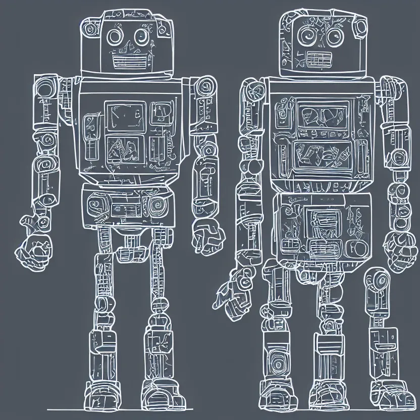 Prompt: blueprint sprite of a robot, highly detailed, black background