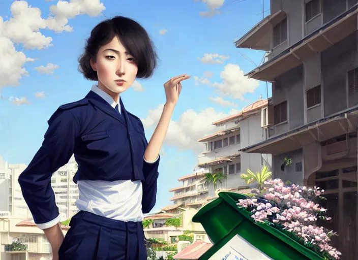 Prompt: portrait of an Italian Japanese young woman school with short hair wearing a navy and white sepuku uniform and jumping outside a green trashbin in Kalakaua avenue in Waikiki, intricate, elegant, highly detailed, centered, digital painting, artstation, concept art, smooth, sharp focus, illustration, by Peter Mohrbacher, WLOP