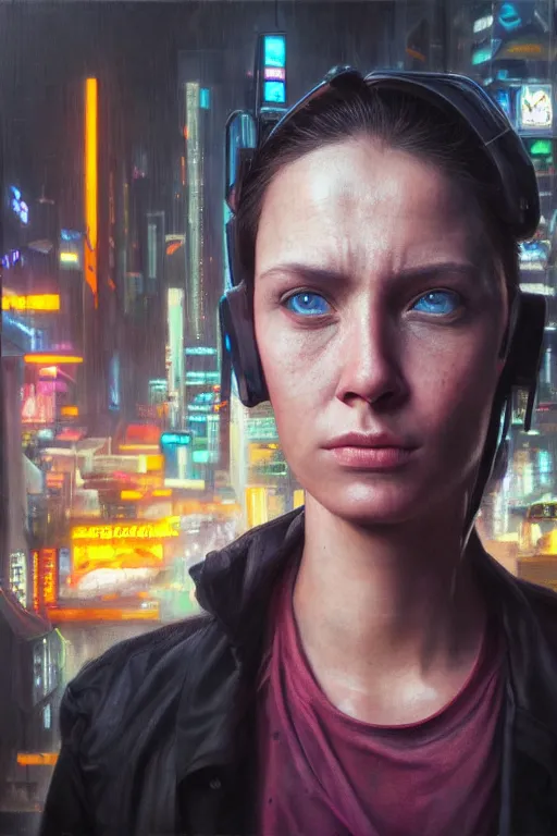 Image similar to realist portrait in a cyberpunk city by Jerad Marantz hyperrealistic oil painting, 4k, studio lightning