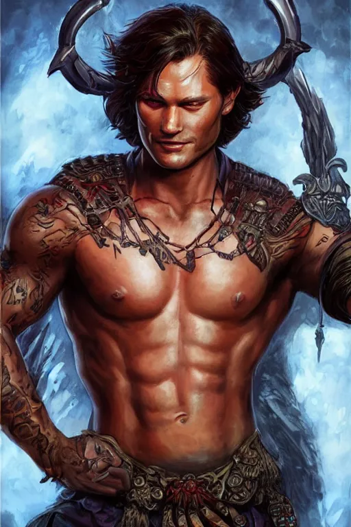Image similar to portrait of attractive sam winchester as a rogue warrior, muscular chest tattooed with runes and symbols, d & d!, fantasy style, sharp focus!, ultra detailed, art by artgerm and peter andrew jones, wlop