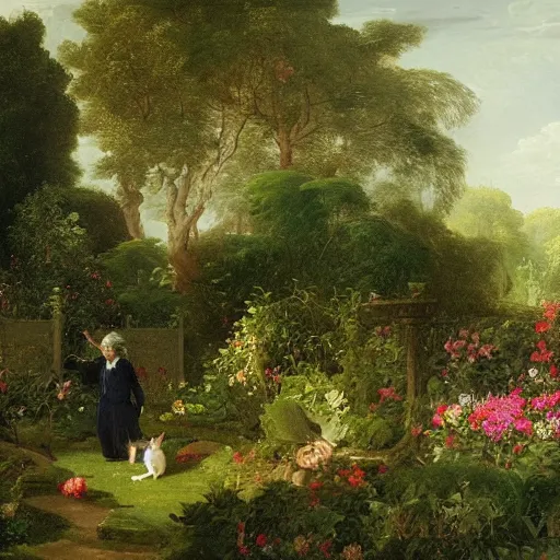 Prompt: a painting of a lush hedge garden filled with beautiful flowers and a cat gardener tending to some flowers by thomas cole