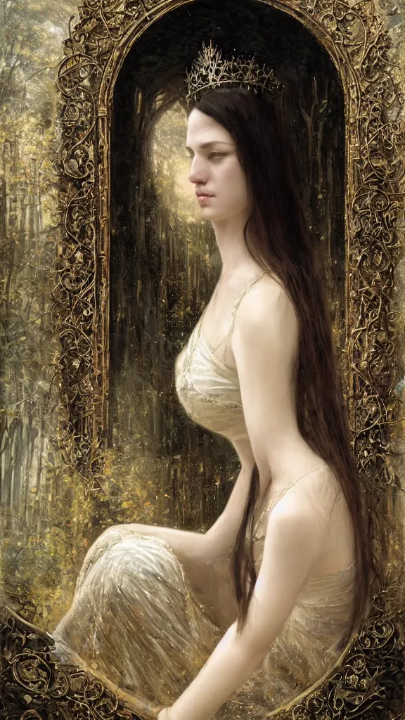 Image similar to secret view from behind wide mirror of a beautiful black haired woman with pale skin and a crown on her head sitted on an intricate metal throne, very deep stillness atmosphere, silence, dimension of still moment, spiritual feeling, digital art, by daniel ridgway knight