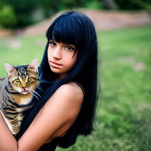 Image similar to a girl with long dark hair, big and shiny black eyes and her tabby cat, a stock photo by juan villafuerte and minerva j. chapman, pexels contest winner, high quality photo, rtx, hd, tumblr contest winner, anime, pretty, sensual