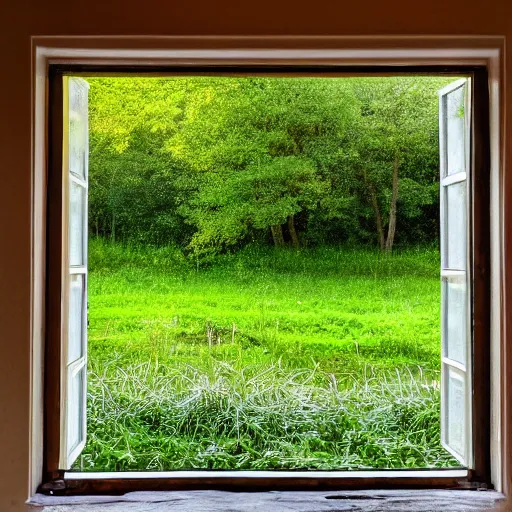 Prompt: a cinematic view looking out a window into an open field, wind blows the leaves, and the sun shines through the parted clouds, a small creek runs through the backyard