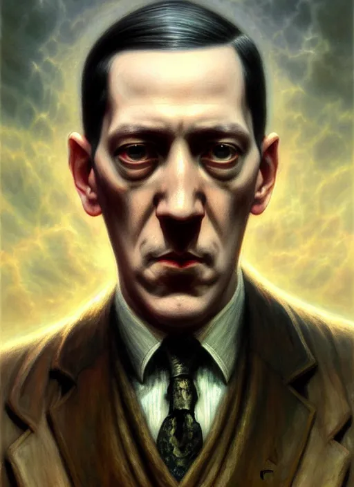 Image similar to portrait shot of h. p. lovecraft in a scenic dystopian environment, intricate, elegant, highly detailed, centered, digital painting, artstation, concept art, smooth, sharp focus, illustration, artgerm, tomasz alen kopera, peter mohrbacher, donato giancola, joseph christian leyendecker, wlop, boris vallejo