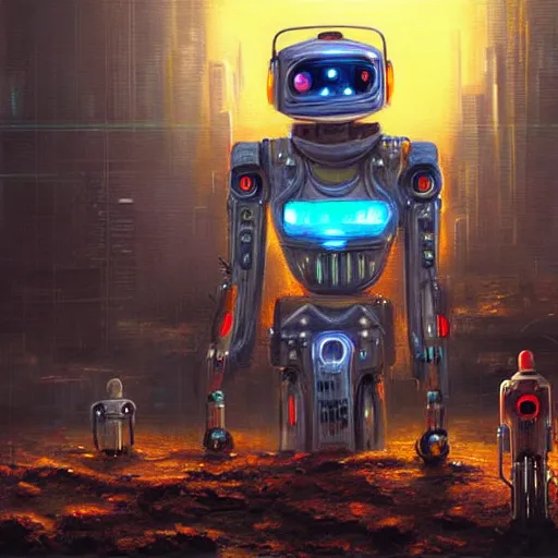 Image similar to beautiful detailed religious oil painting of robots with halos in a cyberpunk wasteland