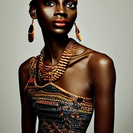 Prompt: African model portrait photograph, editorial story, British Vogue, editorial photographer by Peter Gehrke