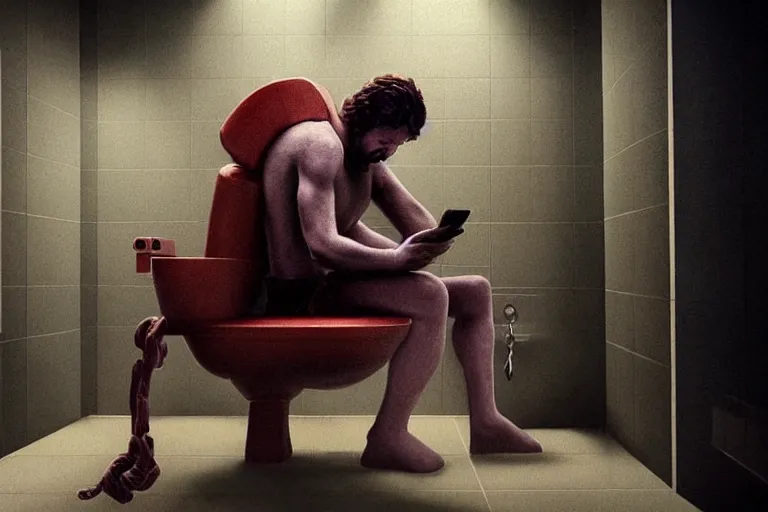 Image similar to hyperrealism aesthetic ridley scott and denis villeneuve style photography of a detailed giant, siting on a detailed ultra huge toilet and scrolling his smartphone in hyperrealism scene from detailed art house movie in style of alejandro jodorowsky and wes anderson