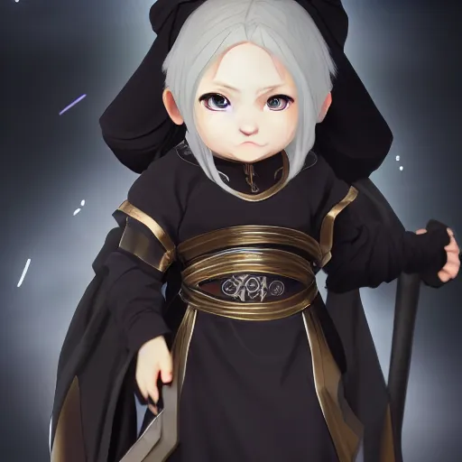 Prompt: card art of a dwarf girl wearing black robes with silver metallic parts, makoto shinkai, very detailed, realistic face, detailed face, matte, tonemapping, bbwchan, perfection, 4K, William-Adolphe Bouguereau