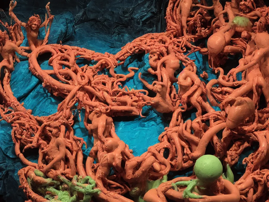 Prompt: the raft of the medusa as an animatronic schlock body horror film, play-doh, neon lights, rubber latex, fleshy, Cronenberg, Rick Baker, dramatic film still, daylight, photo real, extremely detailed, wet, slimy, wide angle, rule of thirds, 28mm, 1984, vivid colors, Eastman EXR 50D 5245/7245