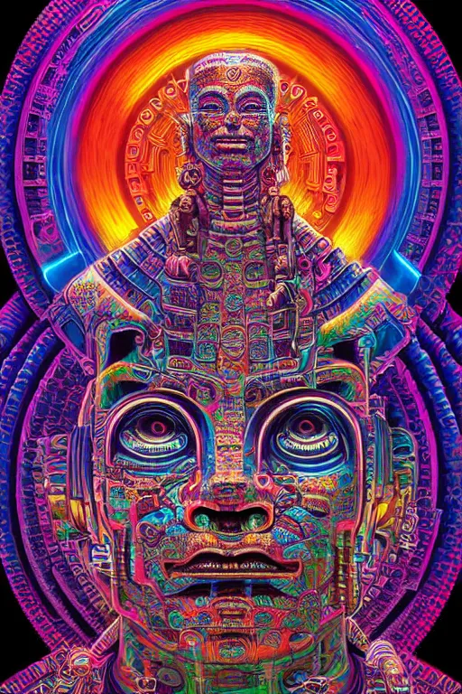 Prompt: digital god aztec mayan latin american entity cyberpunk buddhist spiritual techno capitalist psychedelic dmt hyperreal, concept art, cinematic, 3 d models, surrealism, colorfull, hyper detail by alex grey and pedro friedeberg and dan mumford