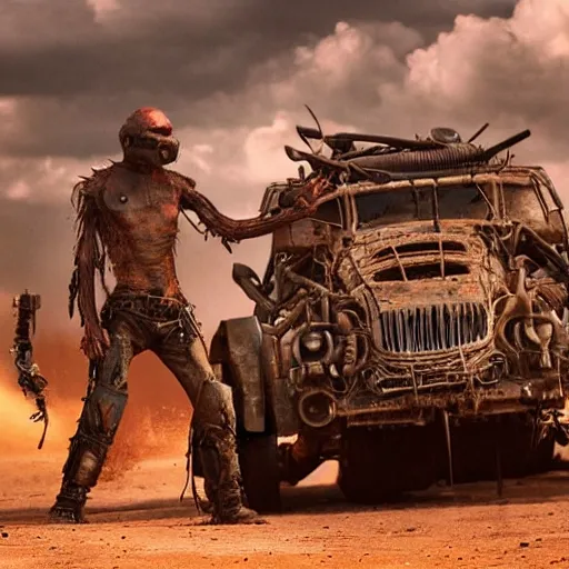 Image similar to ant humanoid, post-apocalyptic, mad max style, top cinematic lighting , cinematic mood, very detailed,