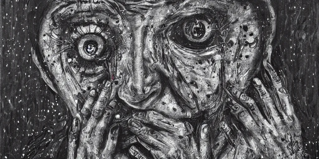 Image similar to eyelessman, technical, acrylic, teeth, eerie, tribal, clay, dotting, lines, stipple, points, cybernetic, style of old painting, francis bacon art, sleep paralysis, hypnosis, eerie, terror, oil, neon, black and white, splotches, colorful dots, ominous,