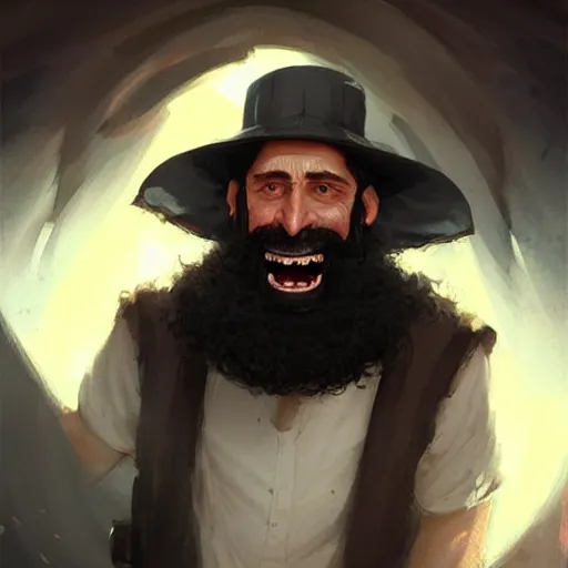 Image similar to a happy merchant jew wearing kippah!!!, evil, tricky, black curly beard, black curly hair, black eyes, hooked nose, by greg rutkowski, artstation, by artgerm, by wlop