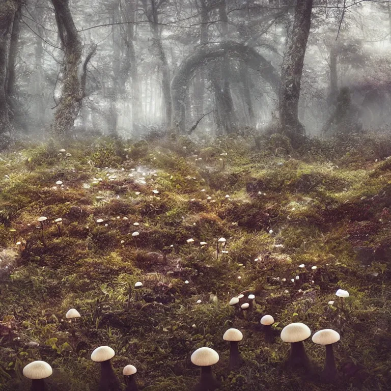 Image similar to a planet of various fungus, mushrooms and plants, inside the picture is infinity, Atmospheric phenomenon, artistic photography, muted colors, conceptual, long exposure outside the city, volumetric light