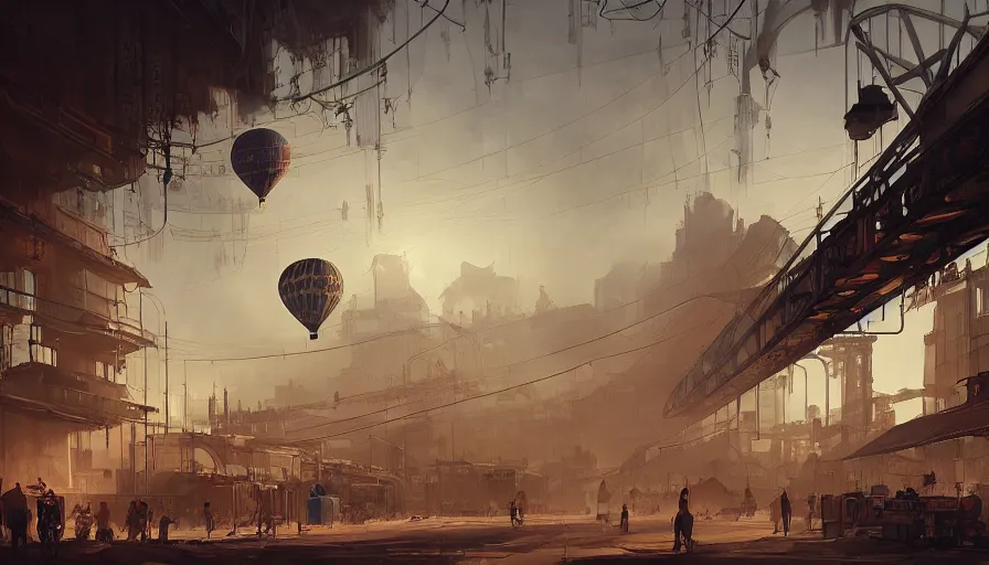 Image similar to Hot air balloon factory plant in a Dieselpunk city, steam, epic composition, intricate, elegant, volumetric lighting, digital painting, highly detailed, artstation, sharp focus, illustration, concept art, ruan jia, steve mccurry