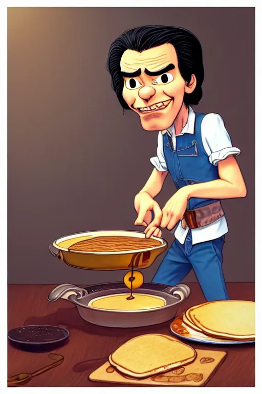 Image similar to 1 9 8 5 nick cave making pancakes, animation pixar style, by pendleton ward, magali villeneuve, artgerm, rob rey and kentaro miura style, golden ratio, trending on art station